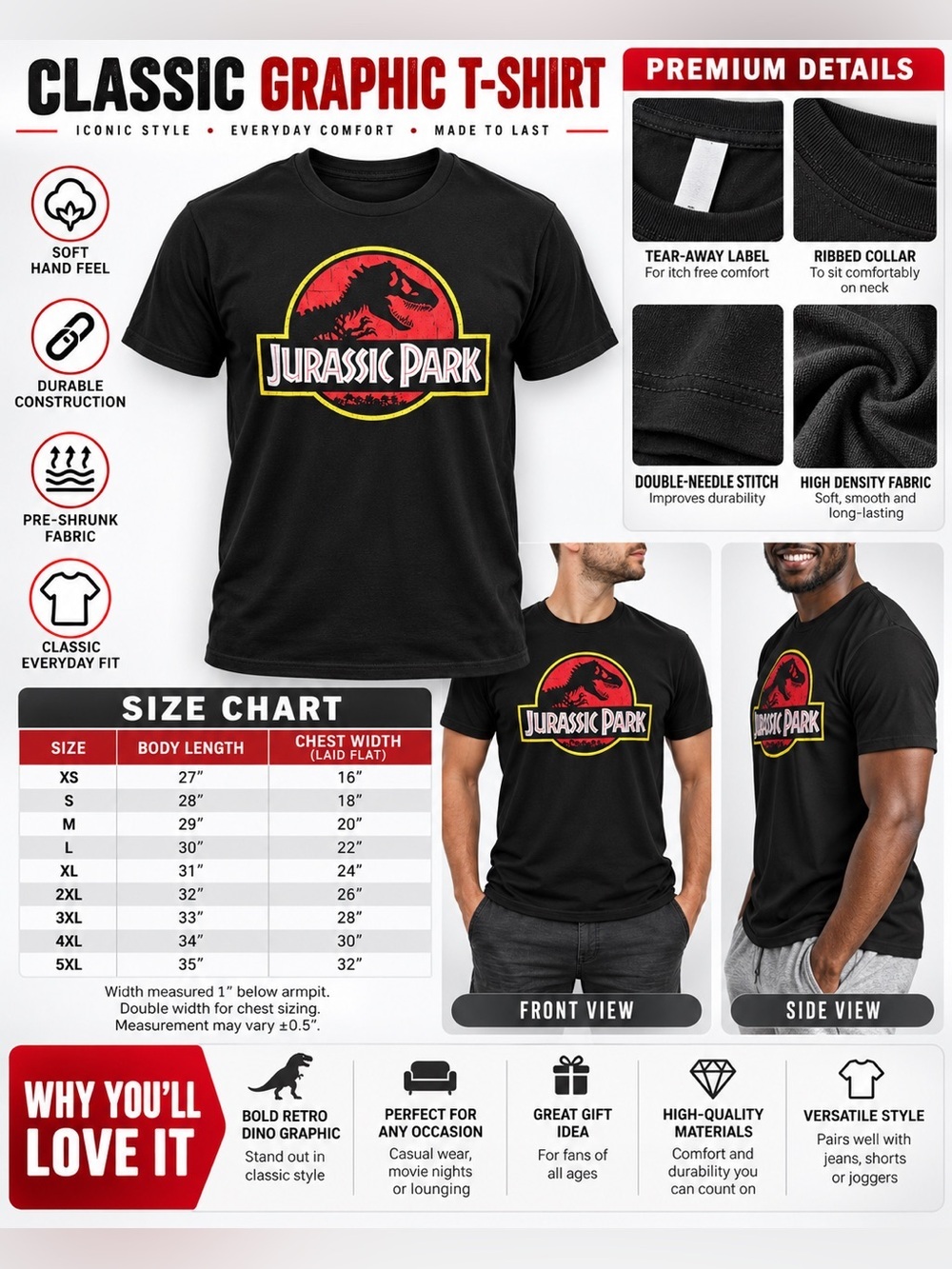 JURASSIC PARK MEN’S GRAPHIC T-SHIRT - BLACK SIZE MEDIUM (NEW WITH TAGS) A27